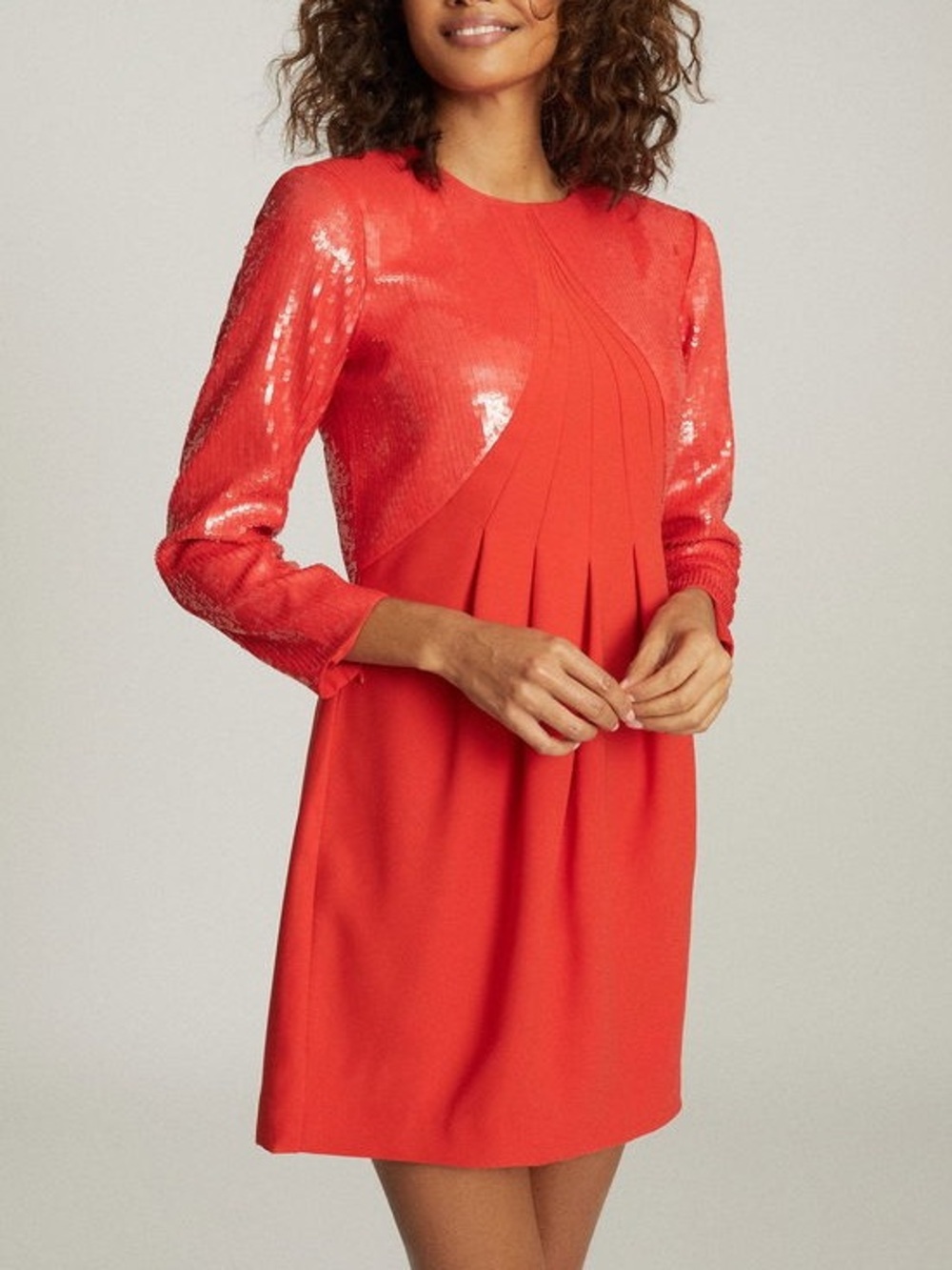 NWT Reiss Cara Red Sequin 3/4 Sleeve Pleated Mini Dress Size US 4 UK 8